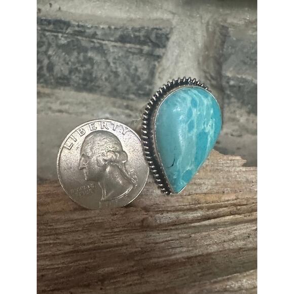 Sterling Silver Larimar Teardrop Size 9 Ring with Rope Design Accent - Picture 1 of 4